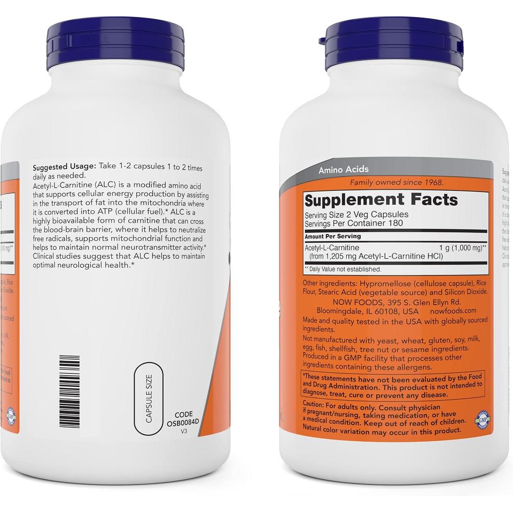 ACETIL L-CARNITINA NOW FOODS 500 MG 360 CÁPSULAS - 4