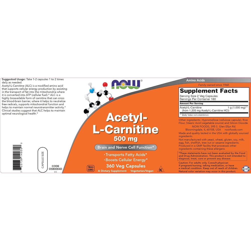 ACETIL L-CARNITINA NOW FOODS 500 MG 360 CÁPSULAS - 6