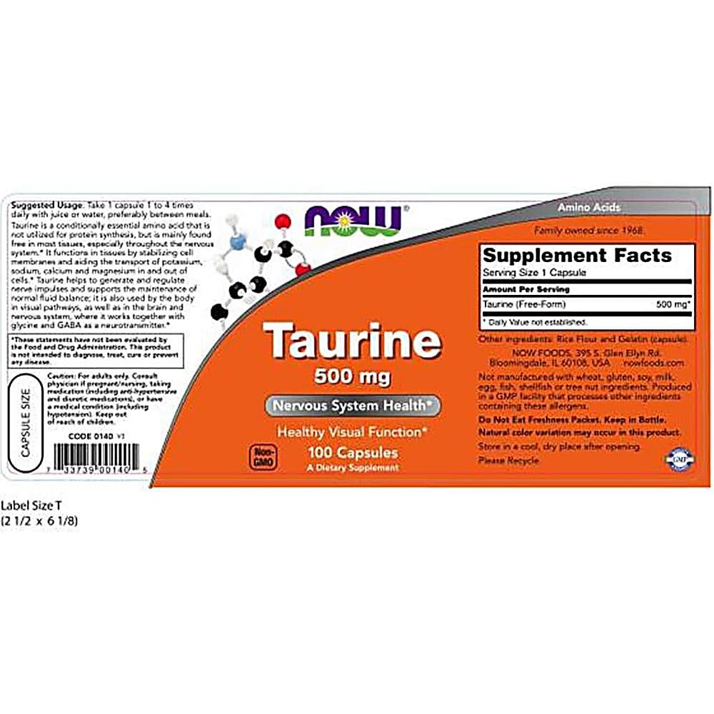 TAURINA NOW FOODS 500 MG 100 CÁPSULAS | PACK 2 - 3