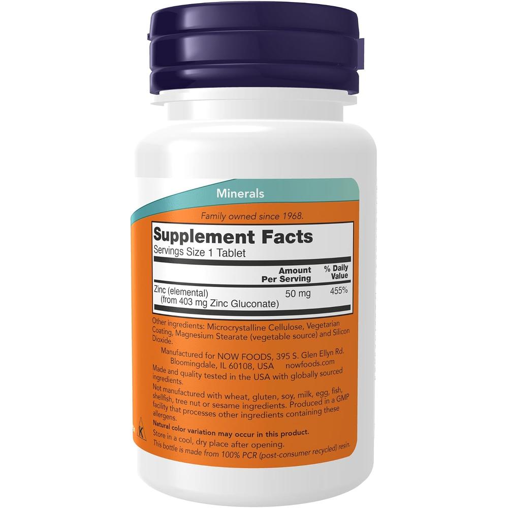 GLUCONATO DE ZINC NOW FOODS 50 MG 100 TABLETAS | PACK 2 - 3
