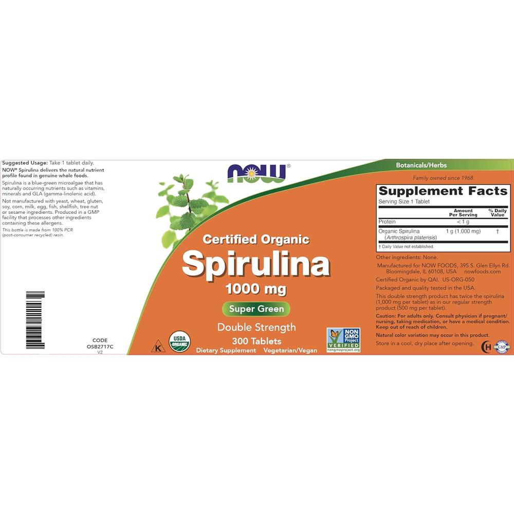 ESPIRULINA ORGÁNICA NOW FOODS 1000 MG 300 TABLETAS - 5