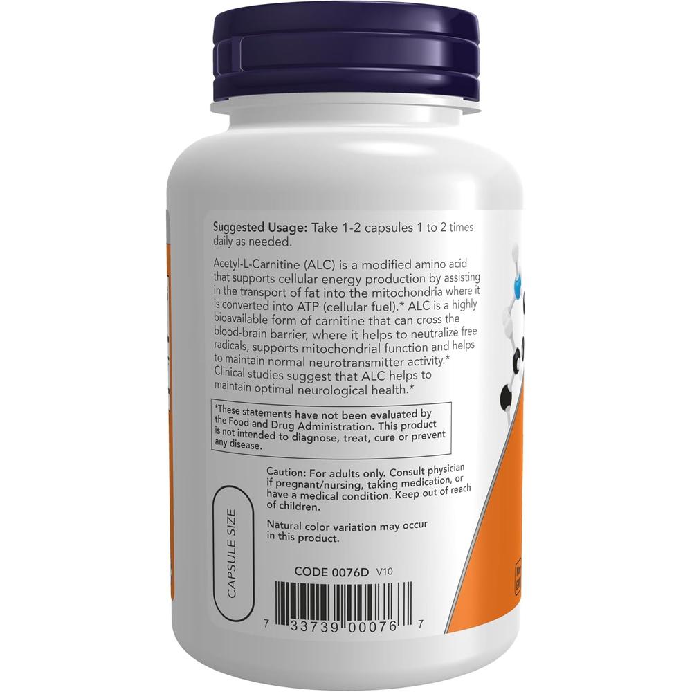 ACETIL L-CARNITINA NOW FOODS 500 MG 100 CÁPSULAS - 4