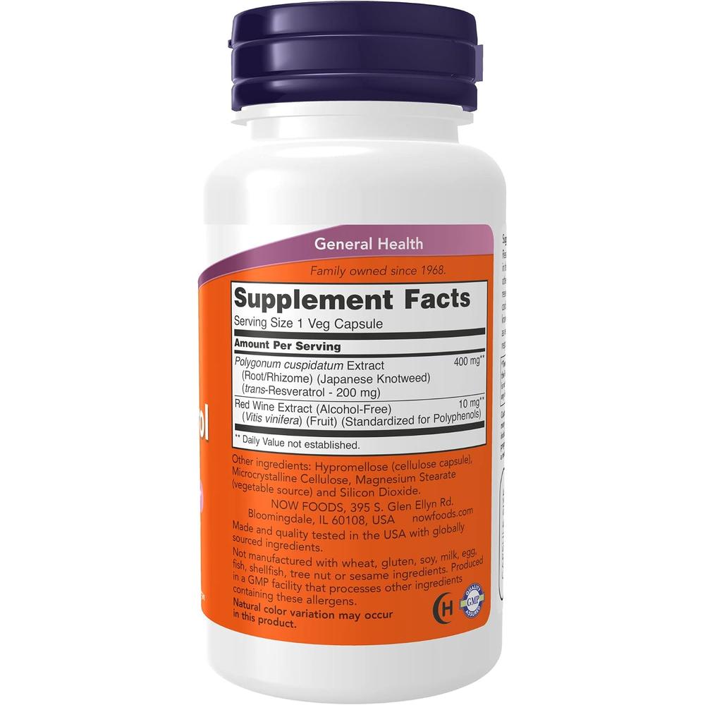 RESVERATROL NOW FOODS 200 MG CON EXTRACTO DE VINO TINTO 60 CÁPSULAS | PACK 2 - 4