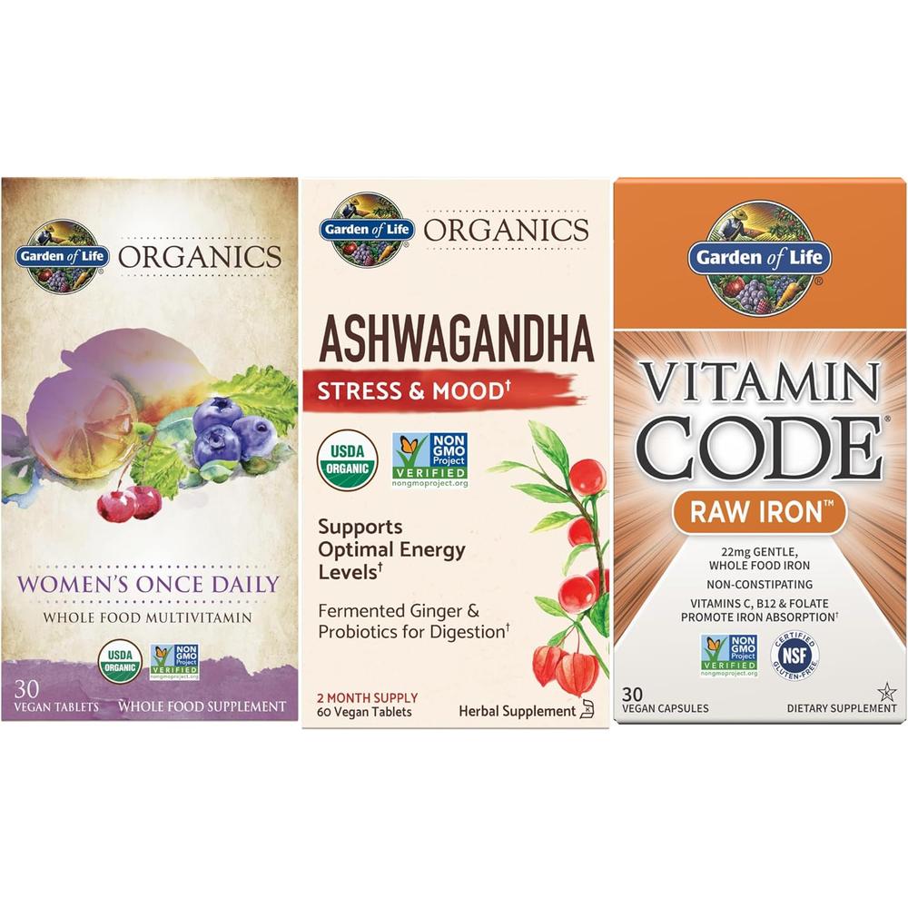 MULTIVITAMÍNICO + HIERRO RAW 22 MG + ASHWAGANDHA GARDEN OF LIFE | SET 3 - 1