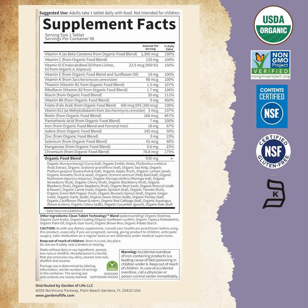 MULTIVITAMÍNICO GARDEN OF LIFE ORGANICS PRENATAL ONCE DAILY 90 TABLETAS - 6