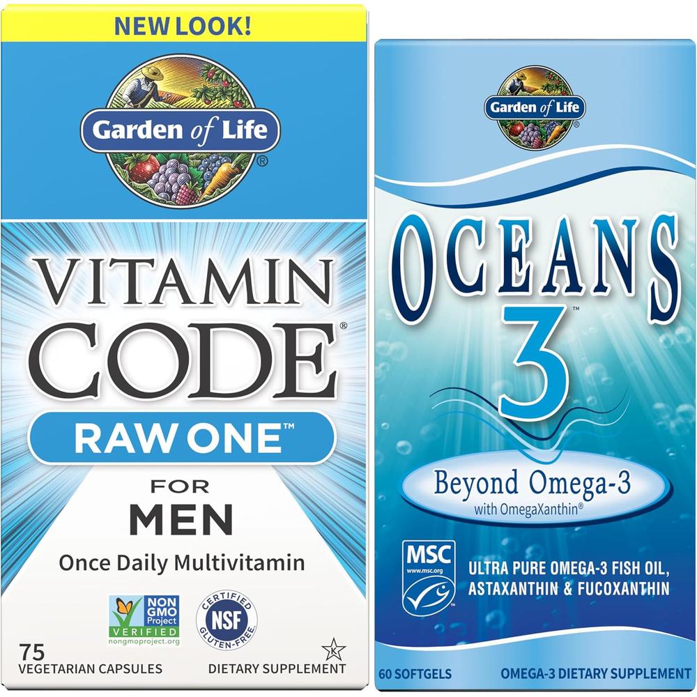 MULTIVITAMÍNICO GARDEN OF LIFE RAW ONE MEN 75 CÁPSULAS + OMEGA 3 OCEANS 3 60 CÁPSULAS | SET 2 - 1