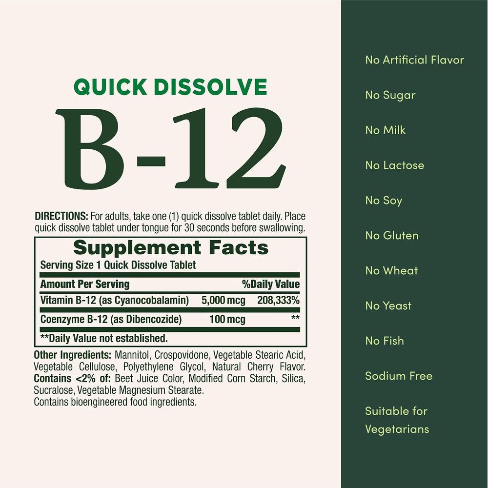 VITAMINA B12 QUICK DISSOLVE NATURE'S BOUNTY 5000 MCG 40 TABLETAS - 5
