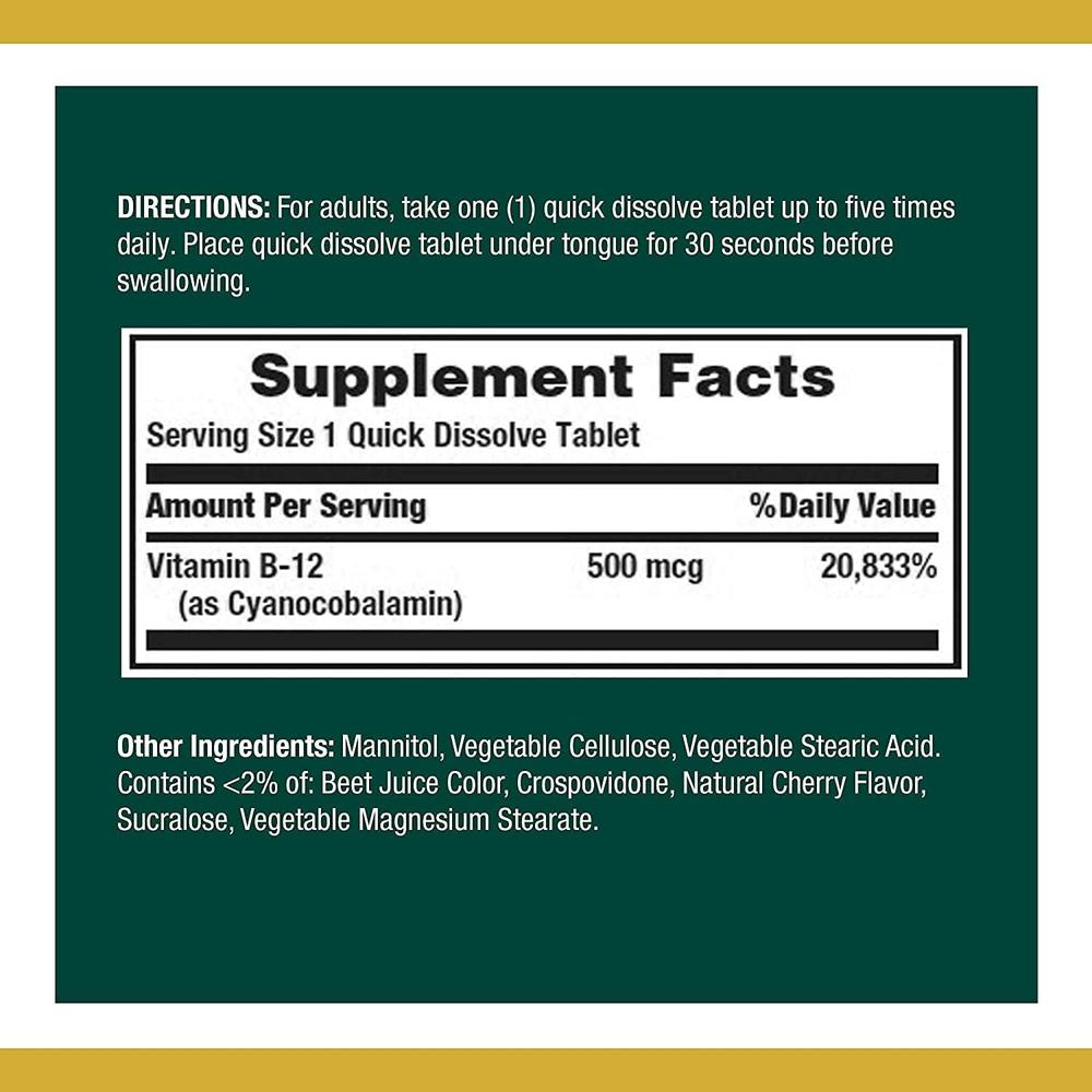 VITAMINA B12 NATURE'S BOUNTY 500 MCG 100 TABLETAS | PACK 2 - 2