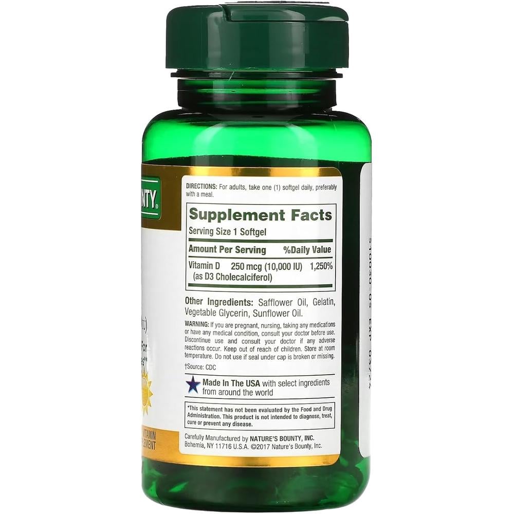 VITAMINA D3 NATURE'S BOUNTY 10000 UI 72 CÁPSULAS BLANDAS | PACK 4 - 2