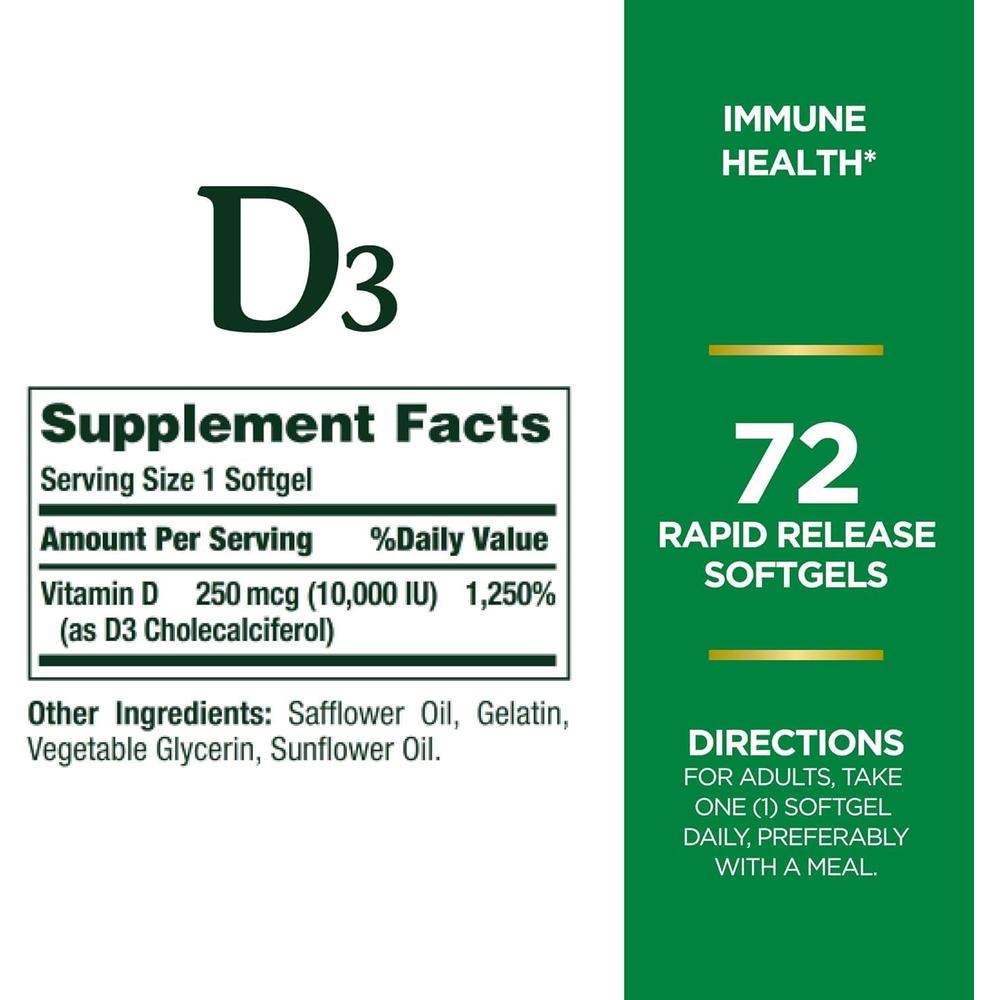 VITAMINA D3 NATURE'S BOUNTY 10000 UI 72 CÁPSULAS BLANDAS | PACK 4 - 3