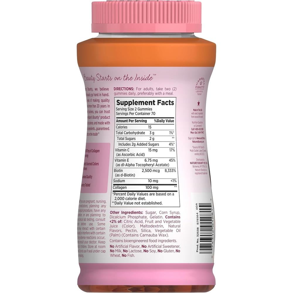 CABELLO PIEL Y UĂAS NATURE'S BOUNTY + BIOTINA + COLĂGENO 140 GOMITAS | PACK 2 - 2