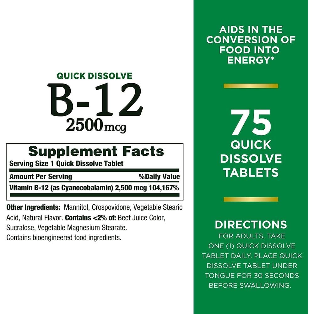 VITAMINA B12 QUICK DISSOLVE NATURE'S BOUNTY 2500 MCG 75 TABLETAS | PACK 2 - 2
