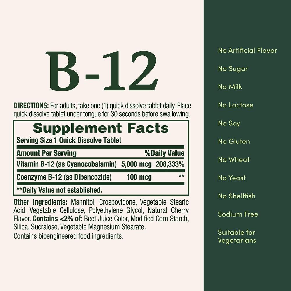 VITAMINA B12 QUICK DISSOLVE NATURE'S BOUNTY 5000 MCG CEREZA 40 TABLETAS - 6