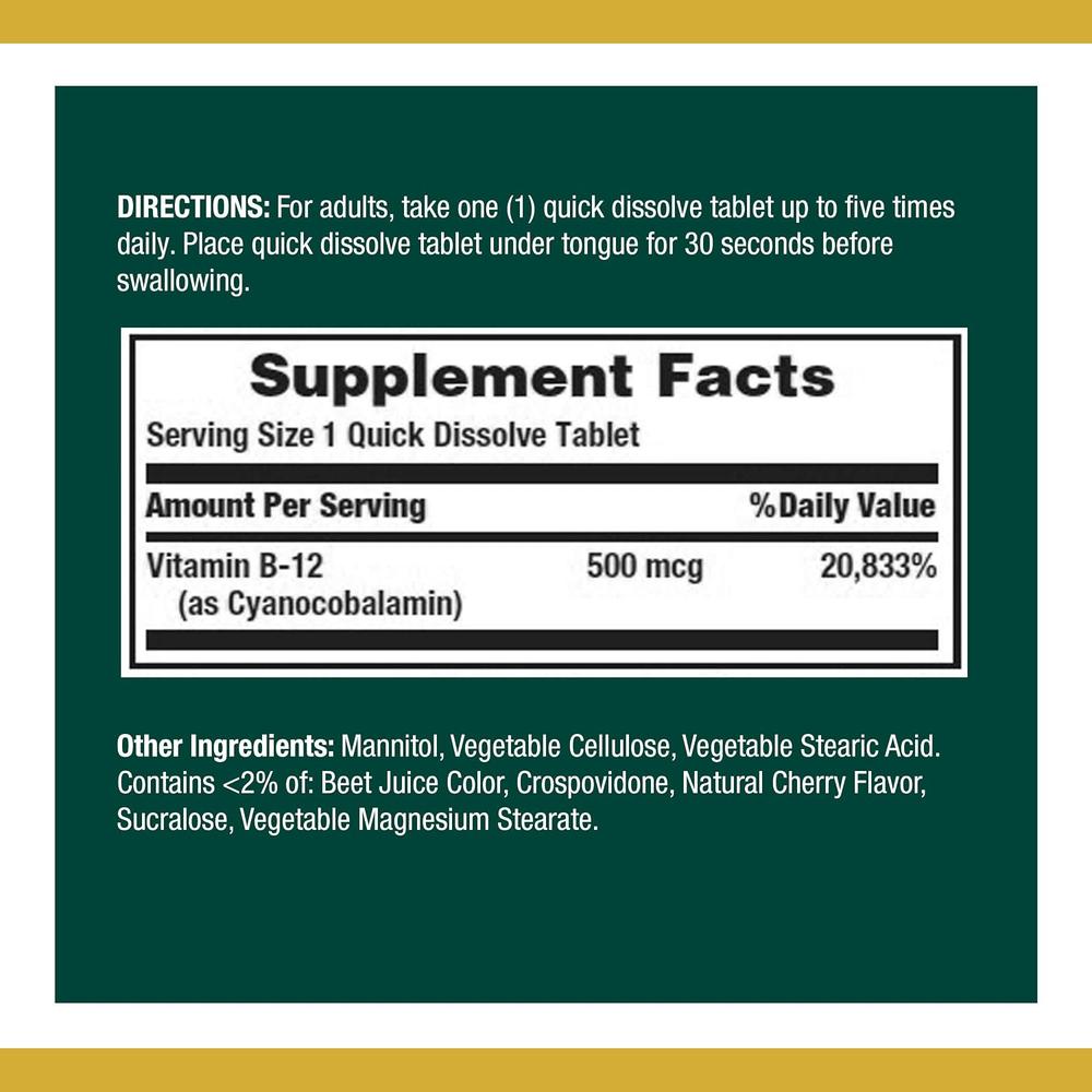VITAMINA B12 QUICK DISSOLVE NATURE'S BOUNTY 500 MCG 100 TABLETAS | PACK 3 - 2