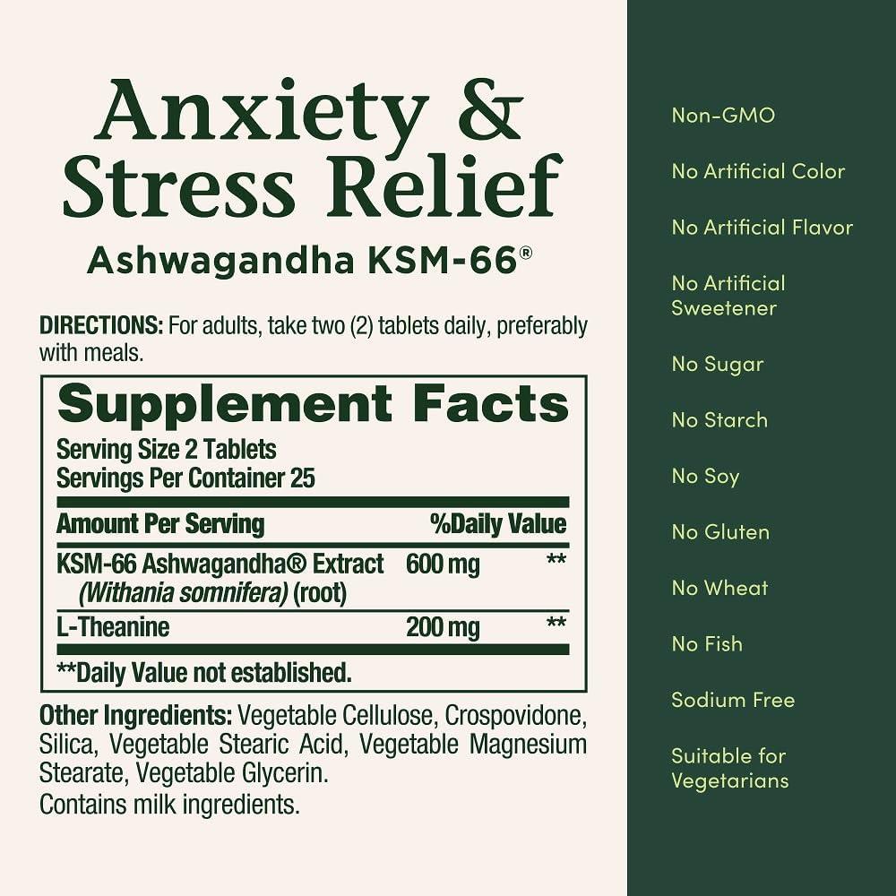 ASHWAGANDHA KSM-66 NATURE'S BOUNTY 600 MG + L-TEANINA 200 MG 50 TABLETAS - 5