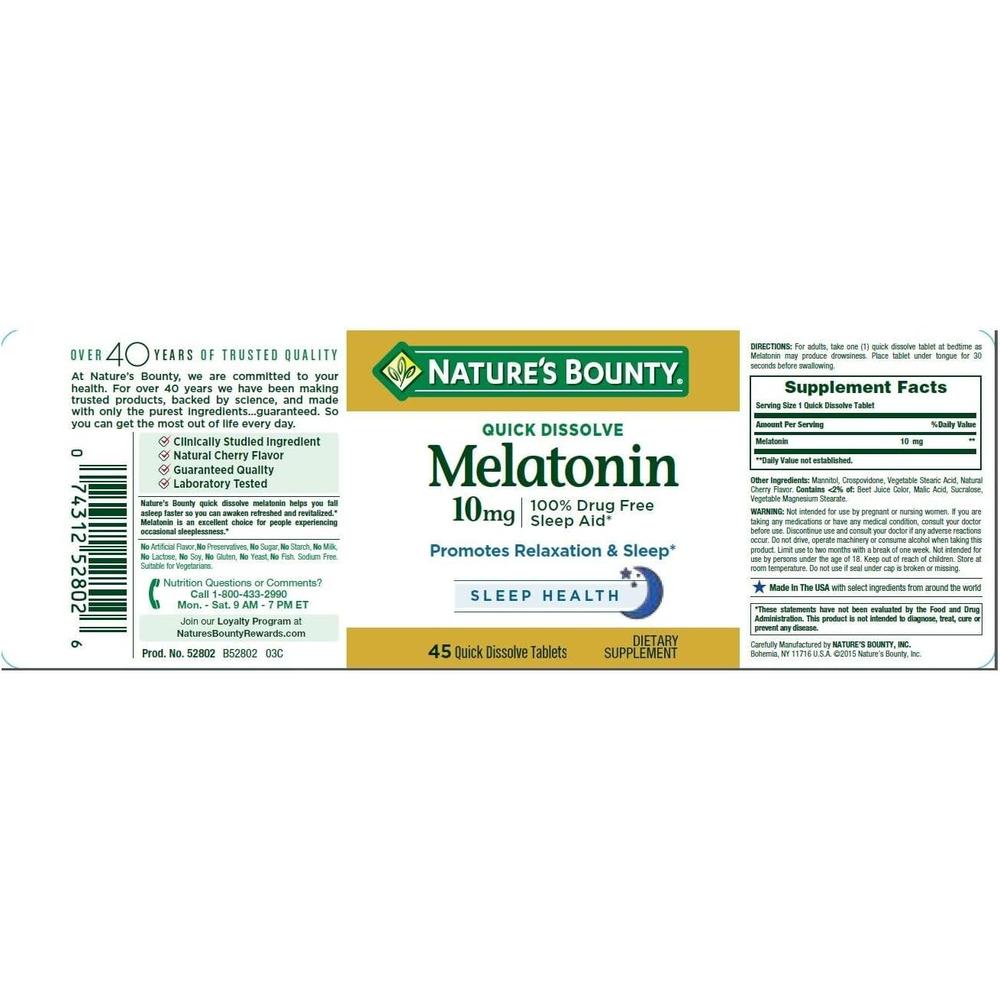 MELATONINA QUICK DISSOLVE NATURE'S BOUNTY 10 MG 45 TABLETAS | PACK 6 - 2
