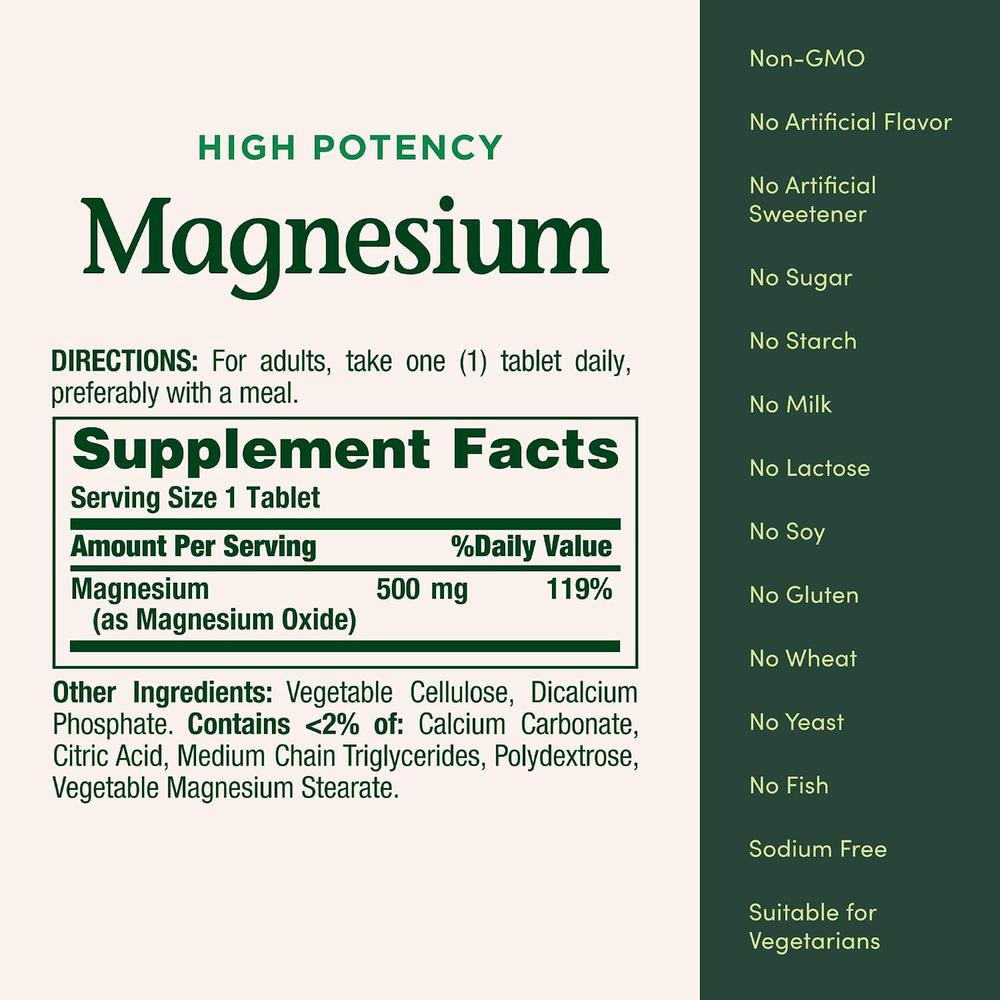 MAGNESIO NATURE'S BOUNTY 500 MG 100 TABLETAS - 5