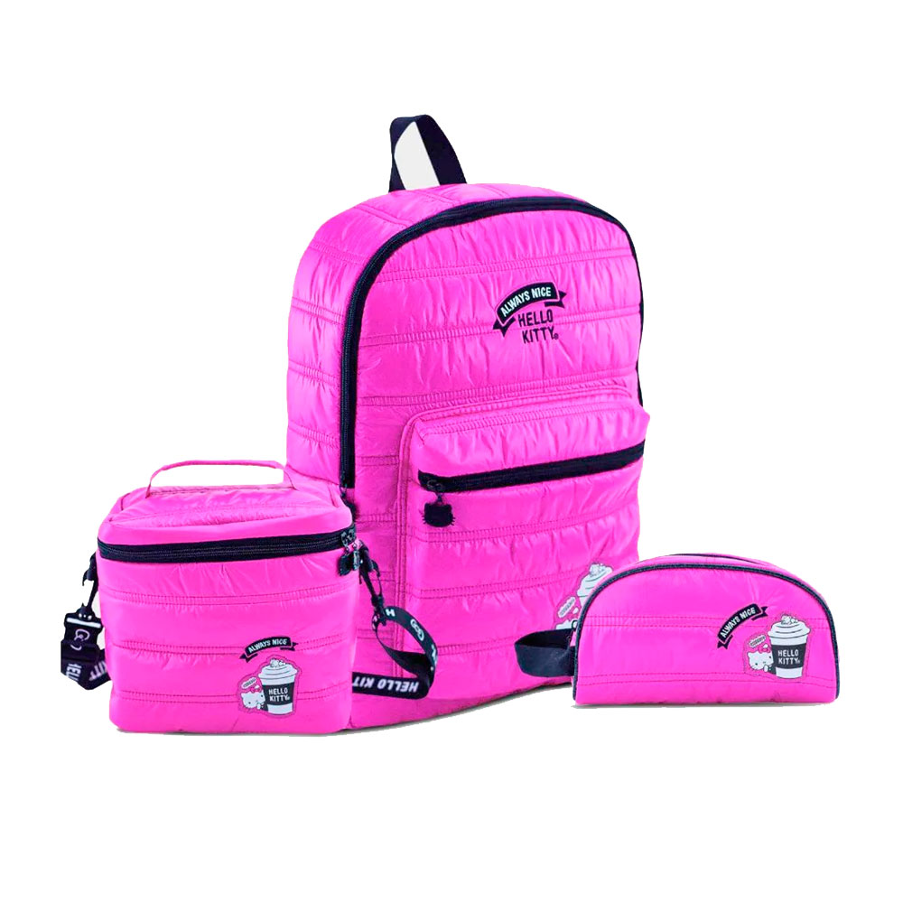MOCHILA HELLO KITTY FUCSIA +LONCHERA + CARTUCHERA SCOOL OFICIO - 1