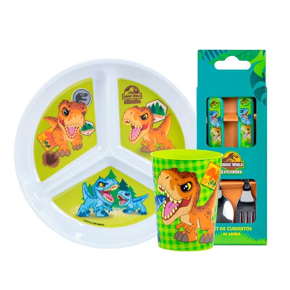 VAJILLA INFANTIL JURASSIC DIVISION SCOOL +CUBIERTO+VASO 703804 - 1