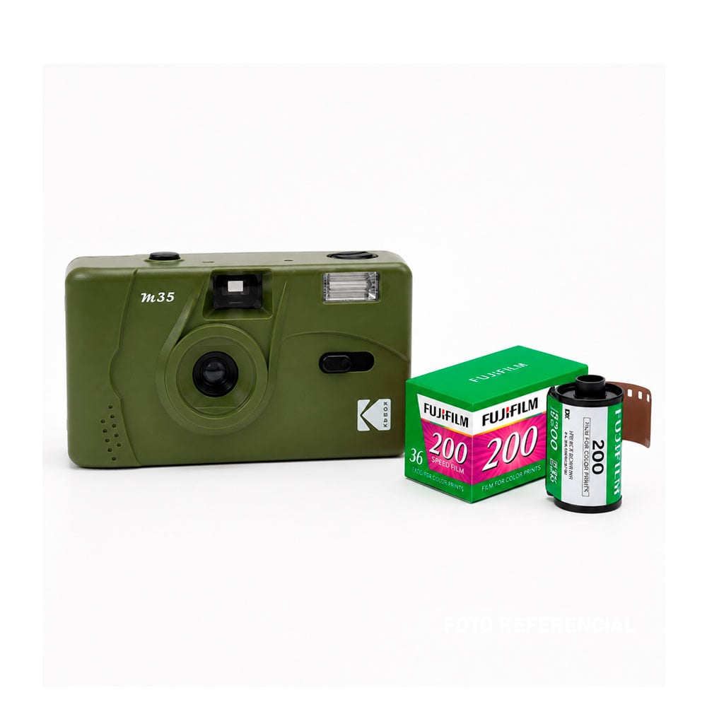 CAMARA DE PELICULA KODAK M35 CON FLASH VERDE OLIVO REUTILIZABLE+ ROLLO DE 36 - 1