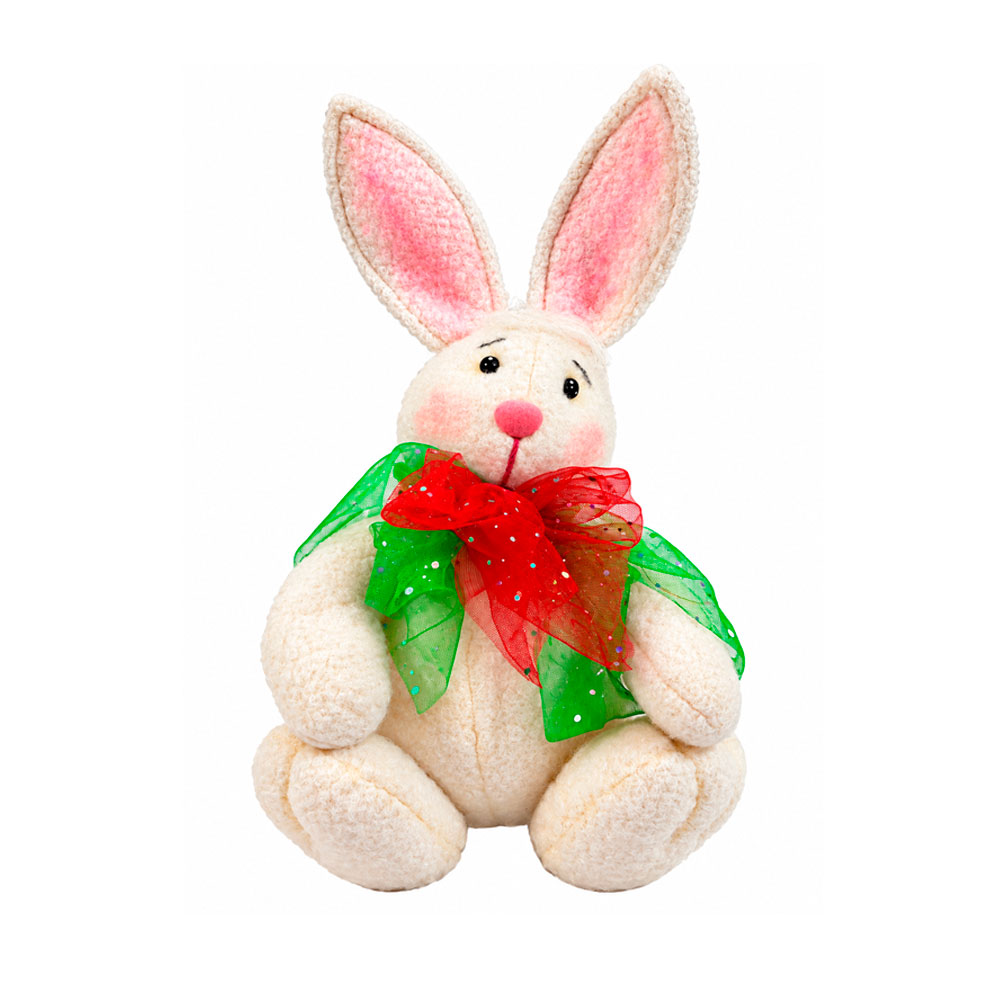 CONEJO NAVIDEÑO DECORATIVO DE FELPA BLANCO CON LAZO ROJO Y VERDE 46 CM - 1
