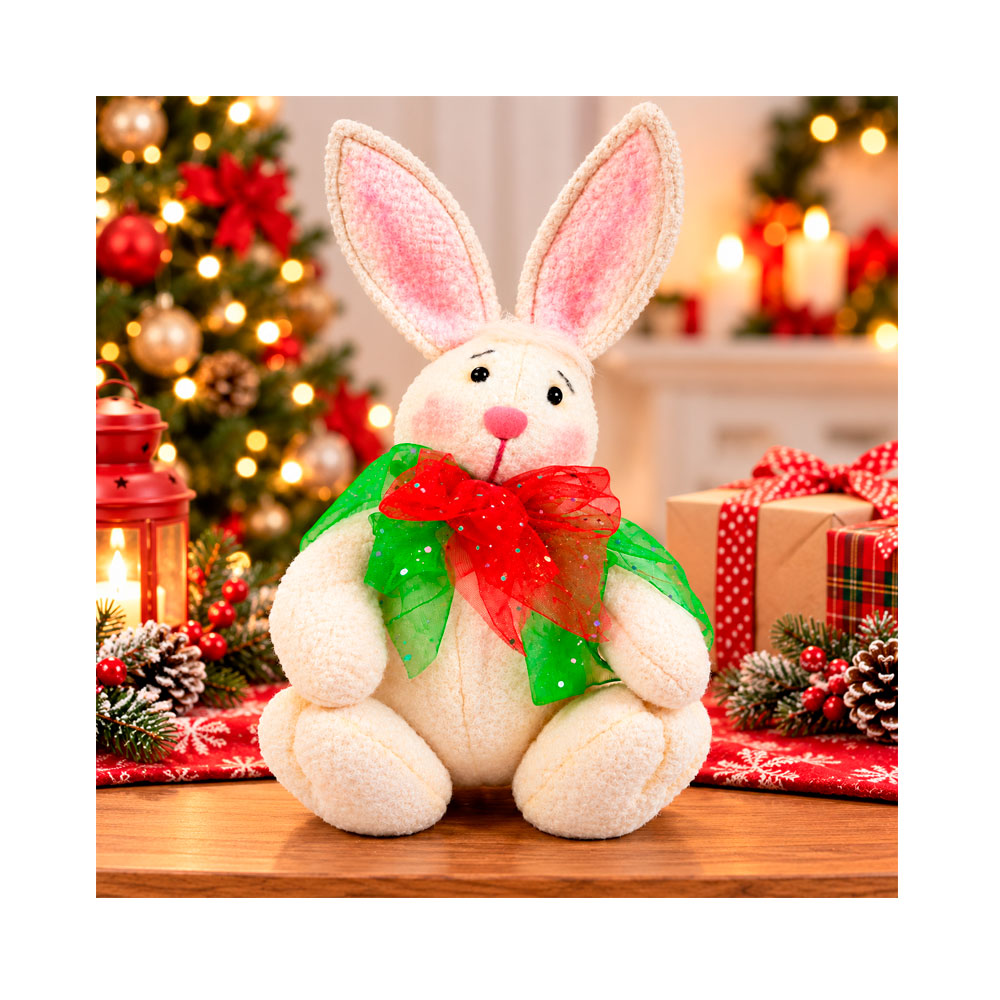 CONEJO NAVIDEÑO DECORATIVO DE FELPA BLANCO CON LAZO ROJO Y VERDE 46 CM - 3
