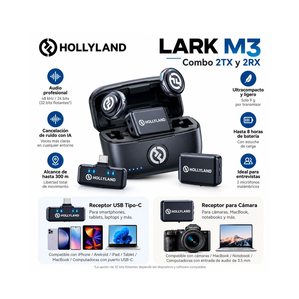 MICROFONO INALAMBRICO HOLLYLAND LARK M3 COMBO 2TX + 2RX PARA CAMARA Y CELULAR - 5
