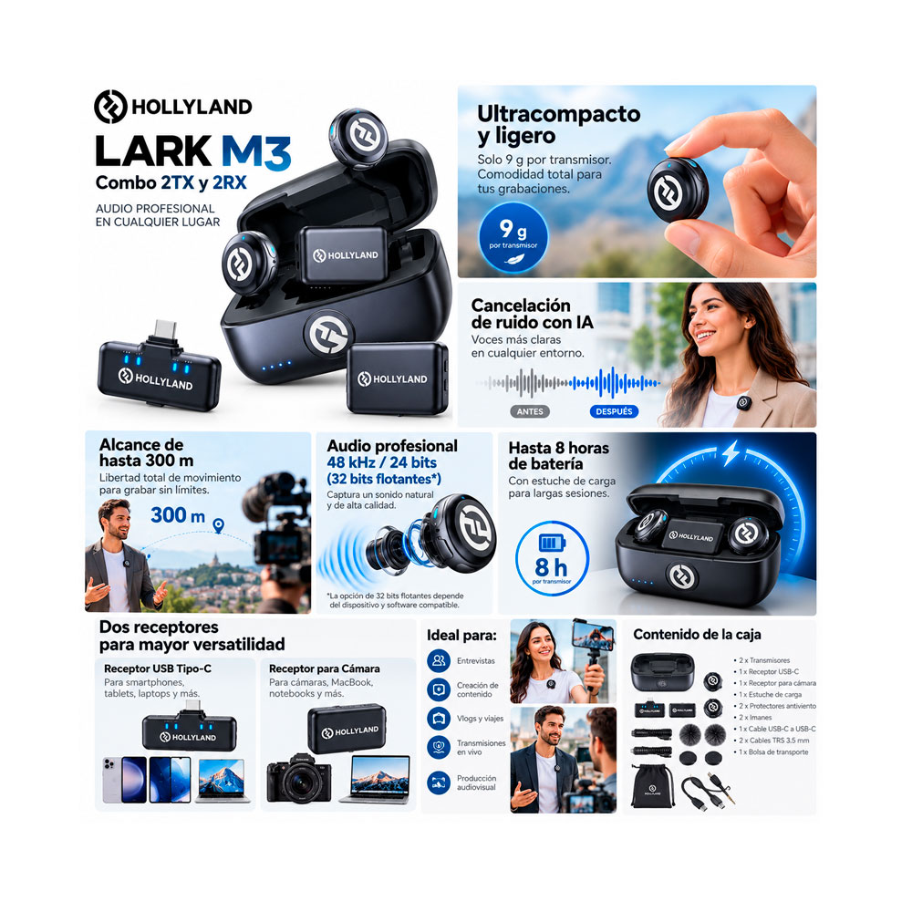 MICROFONO INALAMBRICO HOLLYLAND LARK M3 COMBO 2TX + 2RX PARA CAMARA Y CELULAR - 6