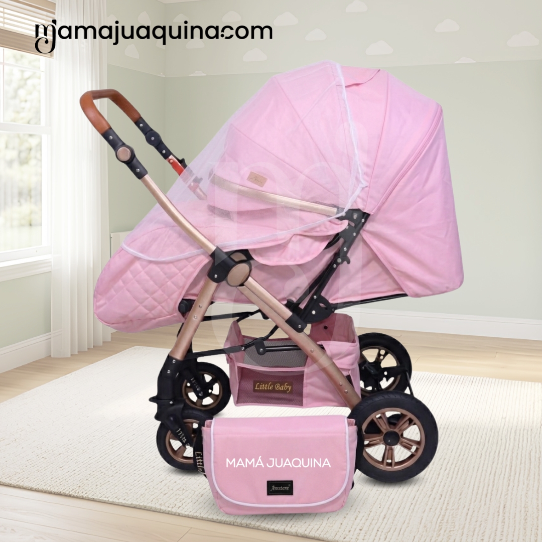 COCHE CUNA DE LUJO «BARCELONA» CON BOLSO PAÑALERO ROSADO - 4