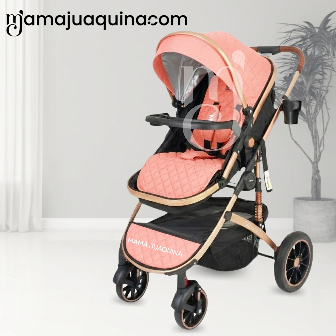 COCHE MOISÉS 4 EN 1 «VERONA GOLD» CON PORTA BEBÉ ROSADO - 4