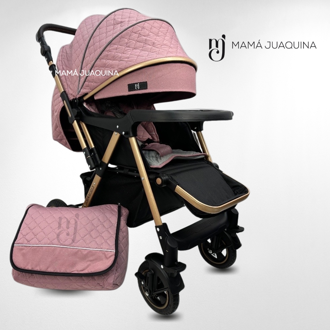 COCHE CUNA BABY BOMBSHELL ROSADO DE LUJO CON BOLSO PAÑALERO - 5