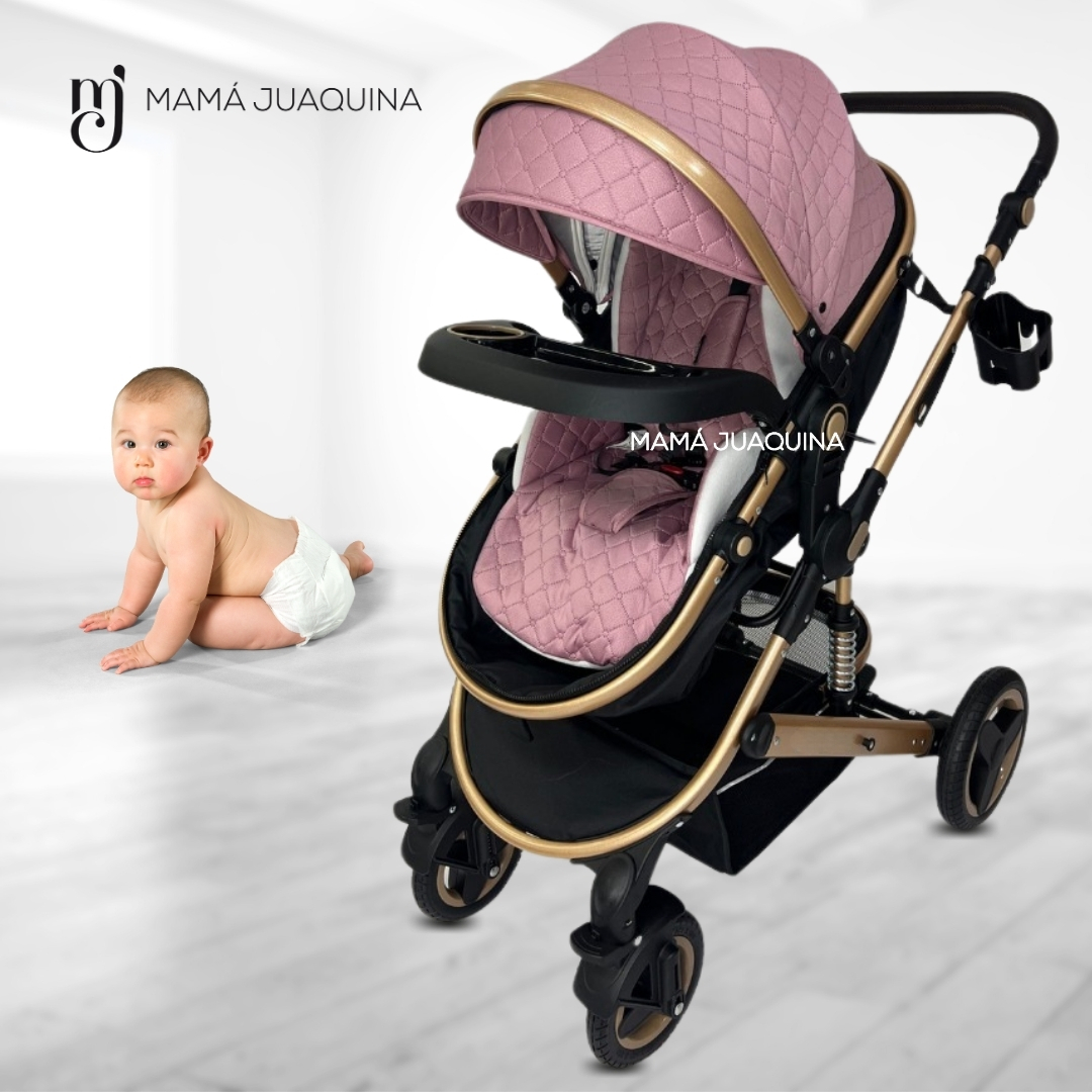 COCHE MOISÉS DE LUJO «LUMIERE» CON BOLSO PAÑALERO ROSADO - 4