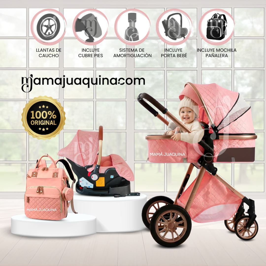 COCHE CUNA BABY GOLD LABELL ROSA MOISÉS LUJO CON PORTABEBÉ - 1
