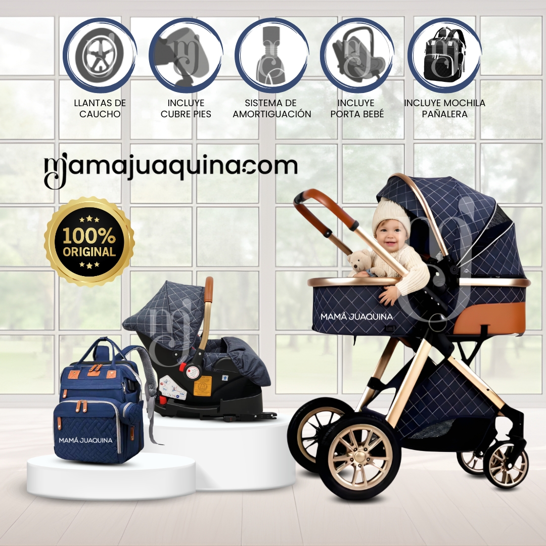 COCHE CUNA BABY GOLD LABELL AZUL MOISÉS LUJO CON PORTABEBÉ - 1
