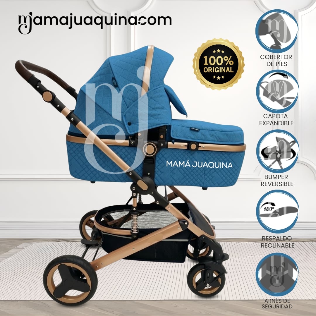 COCHE CUNA BABY AZUL MOISÉS LUJO LOVY CON PORTAVASO - 1