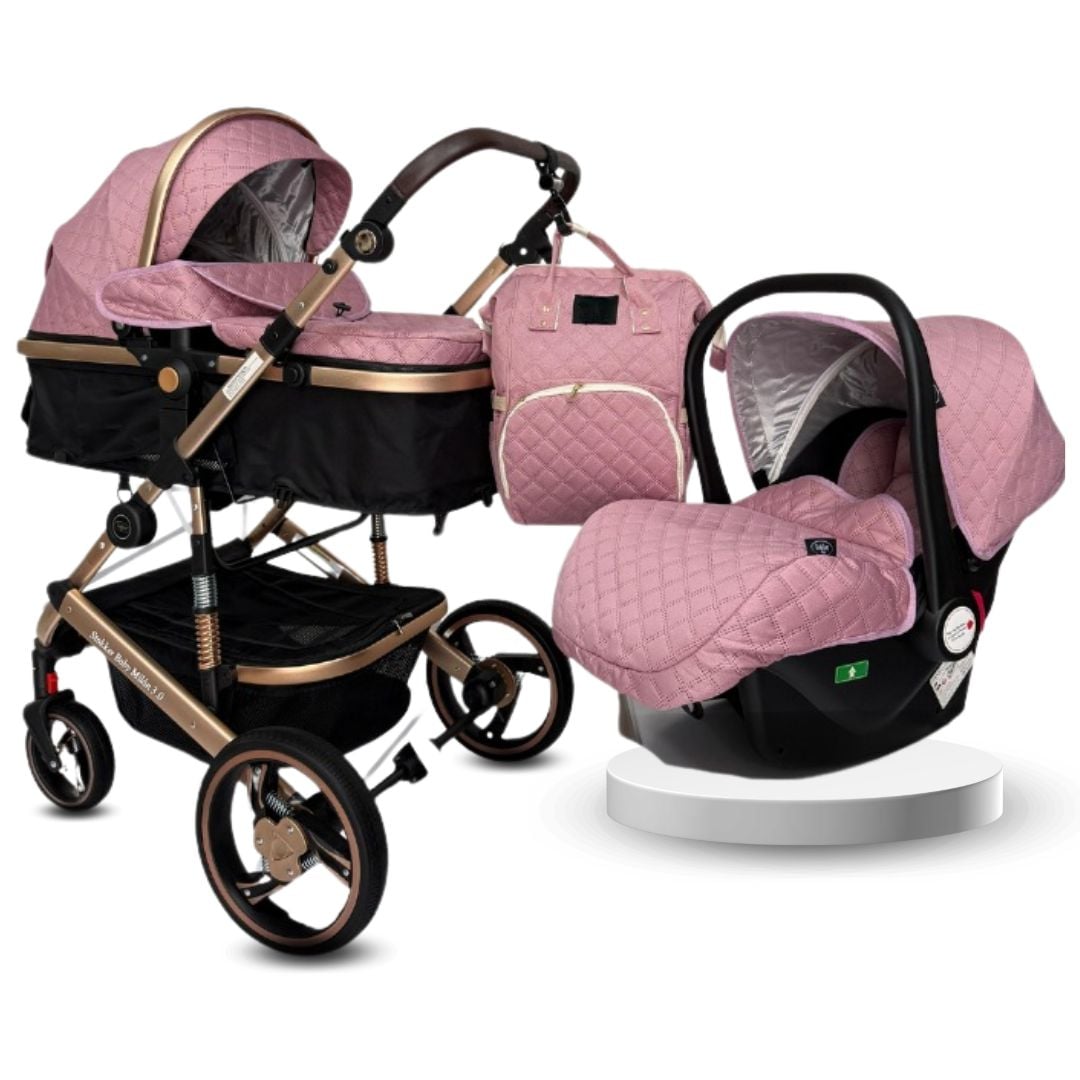 COCHE MOISES 3 EN 1 DE LUJO «L' MILANE» CON PORTABEBÉ Y BOLSO PAÑALERO ROSA - 1