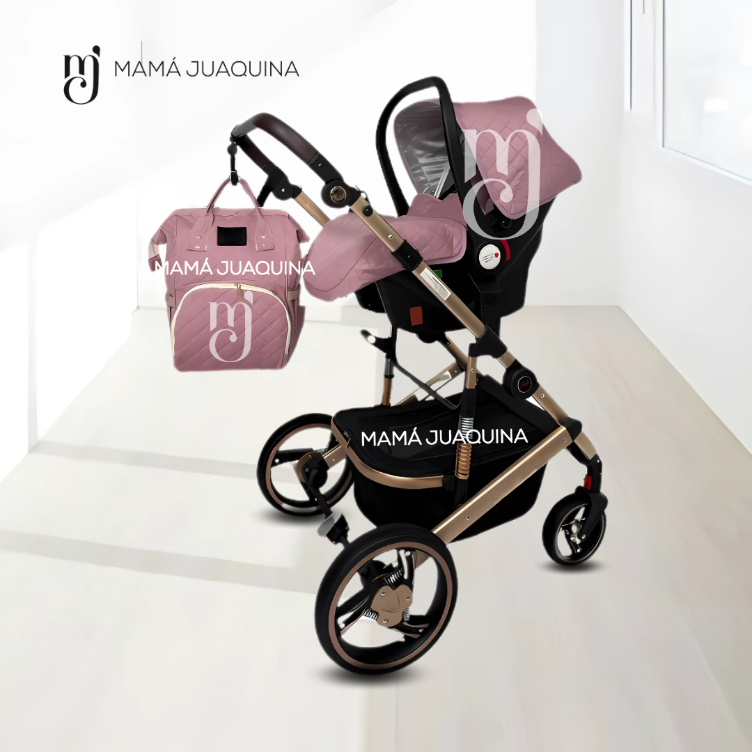 COCHE MOISES 3 EN 1 DE LUJO «L' MILANE» CON PORTABEBÉ Y BOLSO PAÑALERO ROSA - 5