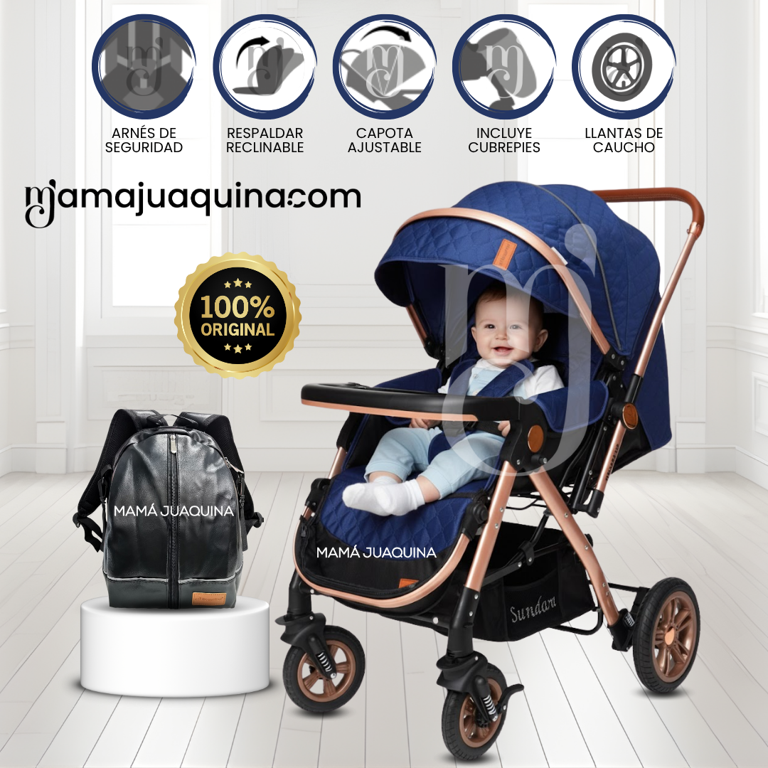 COCHE CUNA DE LUJO «SUNDARA PREMIUM» CON MOCHILA PAÑALERA BLUE - 1