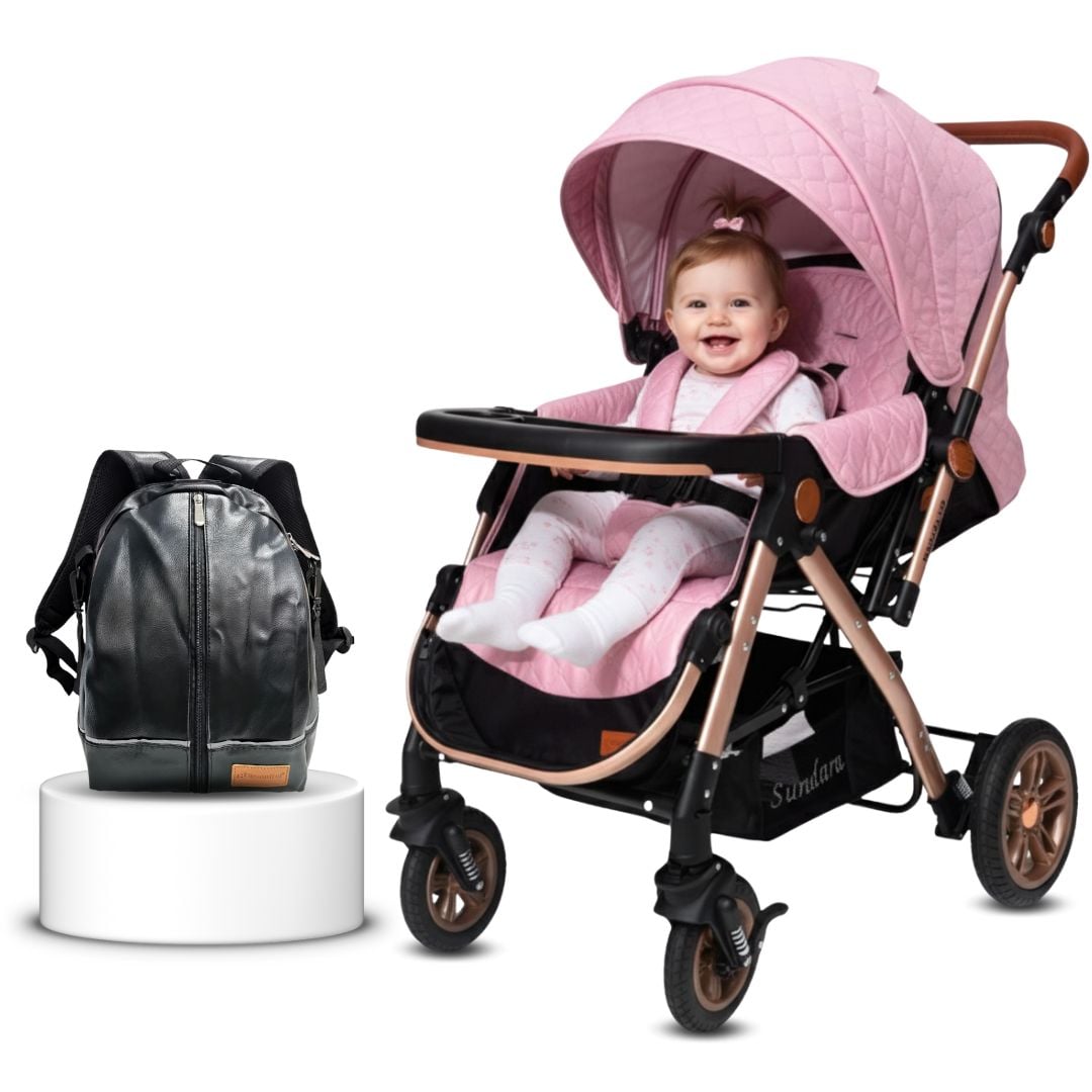 COCHE CUNA DE LUJO «SUNDARA PREMIUM» CON MOCHILA PAÑALERA PINK - 1