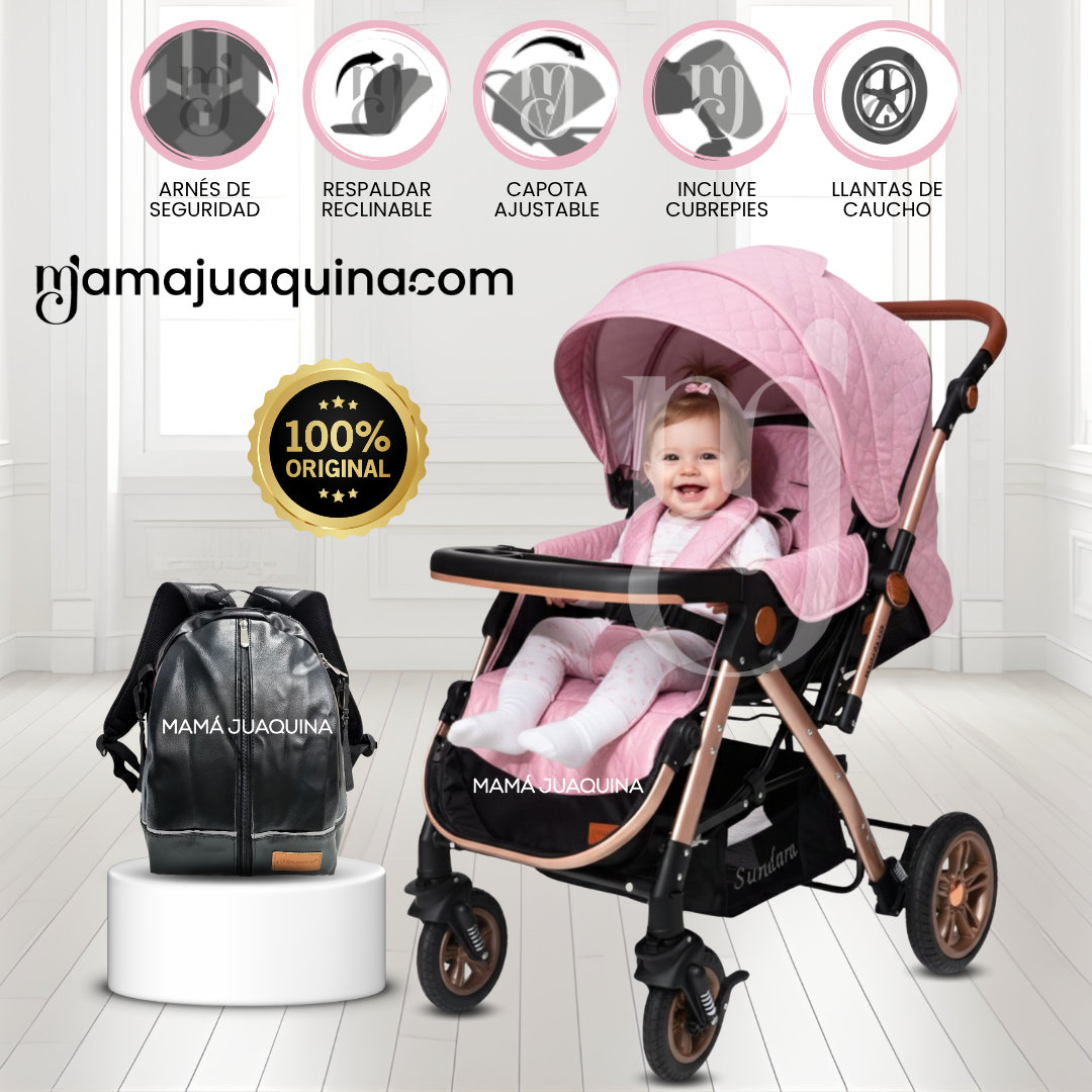 COCHE CUNA DE LUJO «SUNDARA PREMIUM» CON MOCHILA PAÑALERA PINK - 1