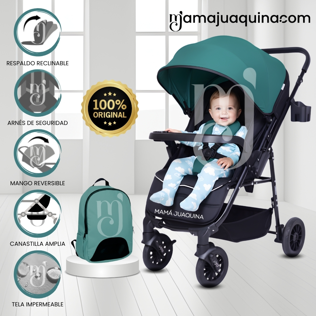 COCHE CUNA DE LUJO «DELTA II» CON MOCHILA PAÑALERA TURQUESA - 1