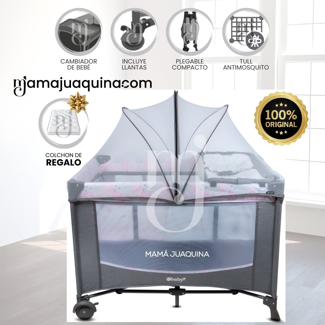 CUNA CORRAL «NELA» GREY PINK CON COLCHÓN - 1