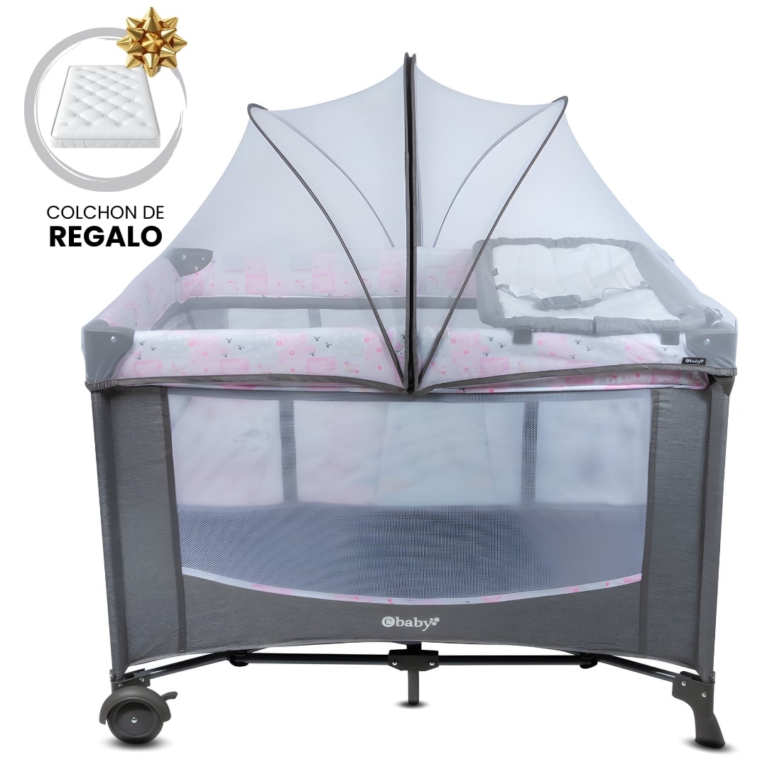 CUNA CORRAL «NELA» GREY PINK CON COLCHÓN - 3