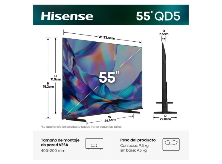 TELEVISOR HISENSE SMART TV 55” HI-QLED 4K UHD VIDAA 55QD5SV + PELOTA GRATIS - 2