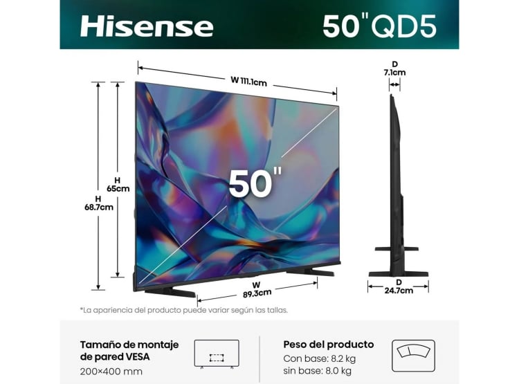 TELEVISOR HISENSE SMART TV 50” HI-QLED 4K UHD VIDAA 50QD5SV + PELOTA GRATIS - 2