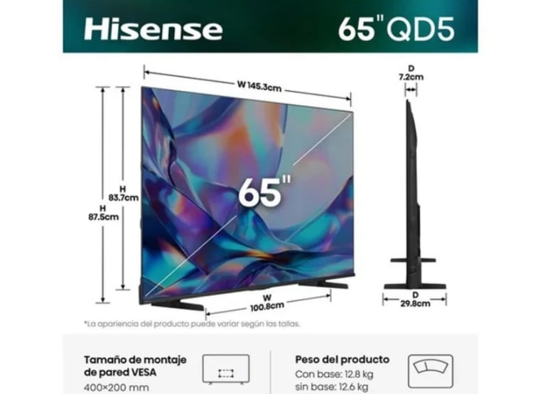 TELEVISOR HISENSE SMART TV 65” HI-QLED 4K UHD VIDAA 65QD5SV + PELOTA GRATIS - 3