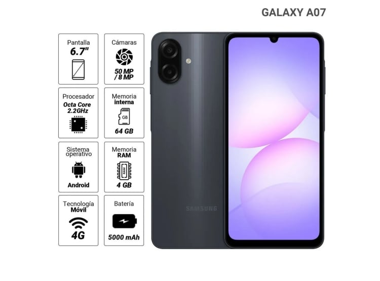 CELULAR SAMSUNG GALAXY A07 64GB 4GB RAM 6.7” NEGRO - 2