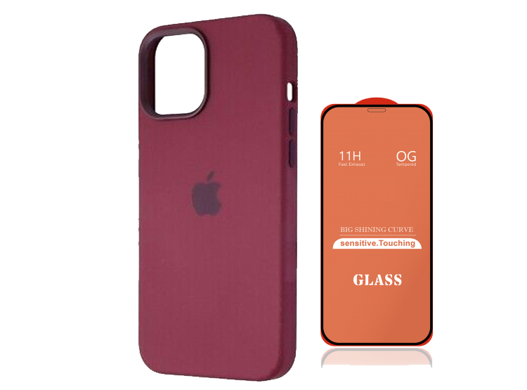 CASE SILICONA IPHONE 14 PRO MAX GUINDA + MICA DE VIDRIO COMPLETO - 1