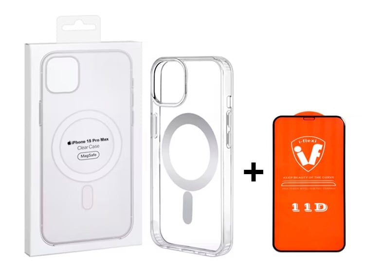 FUNDA CLEAR CASE CON MAGSAFE PARA IPHONE 15 PRO MAX TRANSPARENTE + MICA DE VIDRIO 11D COMPLETO - 1