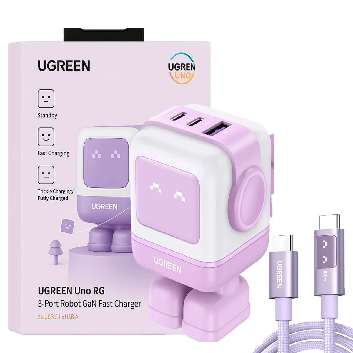 CARGADOR ROBOT UGREEN 65W + CABLE PANTALLA 100 W 2M LILA - 1